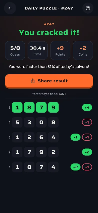 Daily Puzzle solved: points and coins summary
