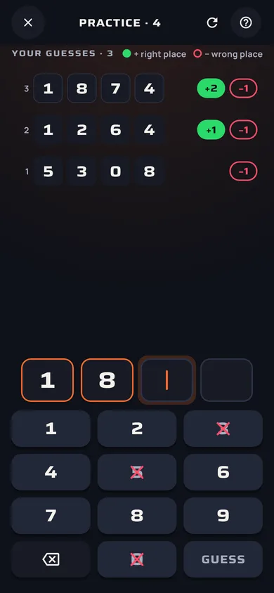 Practice screen: guess history, + and − badges, keypad