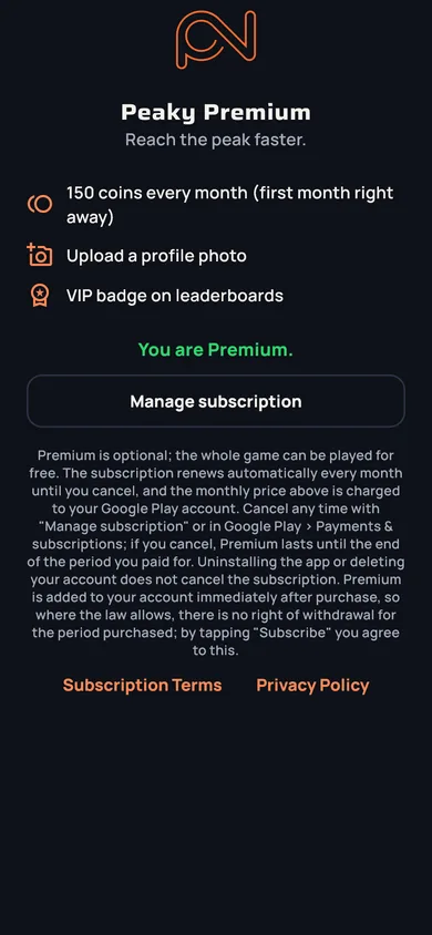 Peaky Premium screen: monthly coins, profile photo, VIP badge