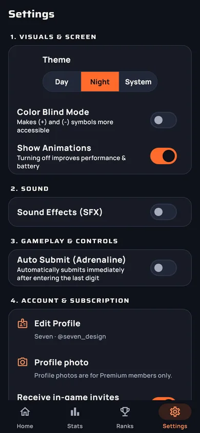 Settings screen: theme, color-blind mode, animations, sound