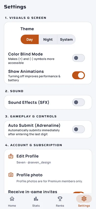 Settings screen in the day theme