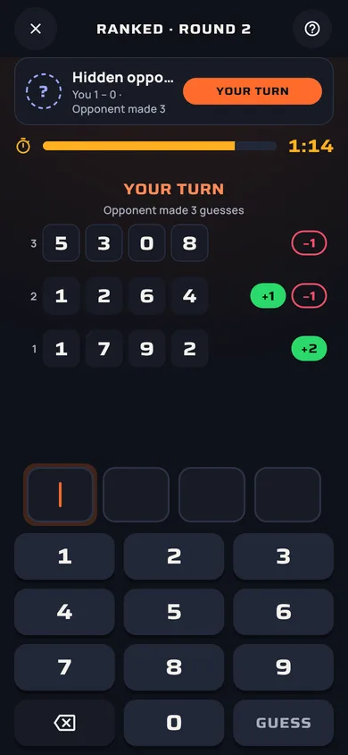 Ranked turn-based match: your turn, 90-second move timer