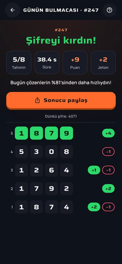 Günün Bulmacası çözüldü: puan ve jeton özeti
