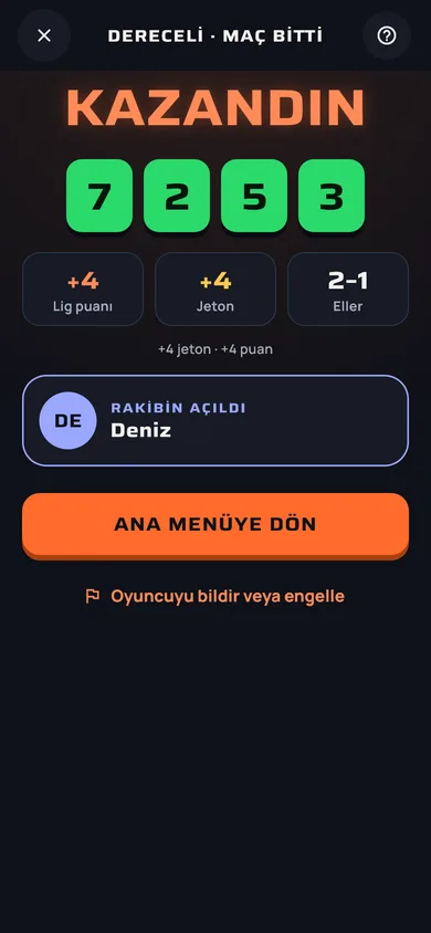 Maç sonu: KAZANDIN, gizli sayı yeşil kutularda, +4 puan +4 jeton