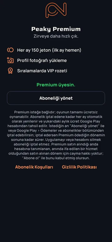 Peaky Premium ekranı: aylık jeton, profil fotoğrafı, VIP rozeti