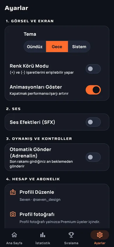 Ayarlar ekranı: tema, renk körü modu, animasyonlar, ses