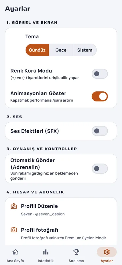 Ayarlar ekranı gündüz temasında