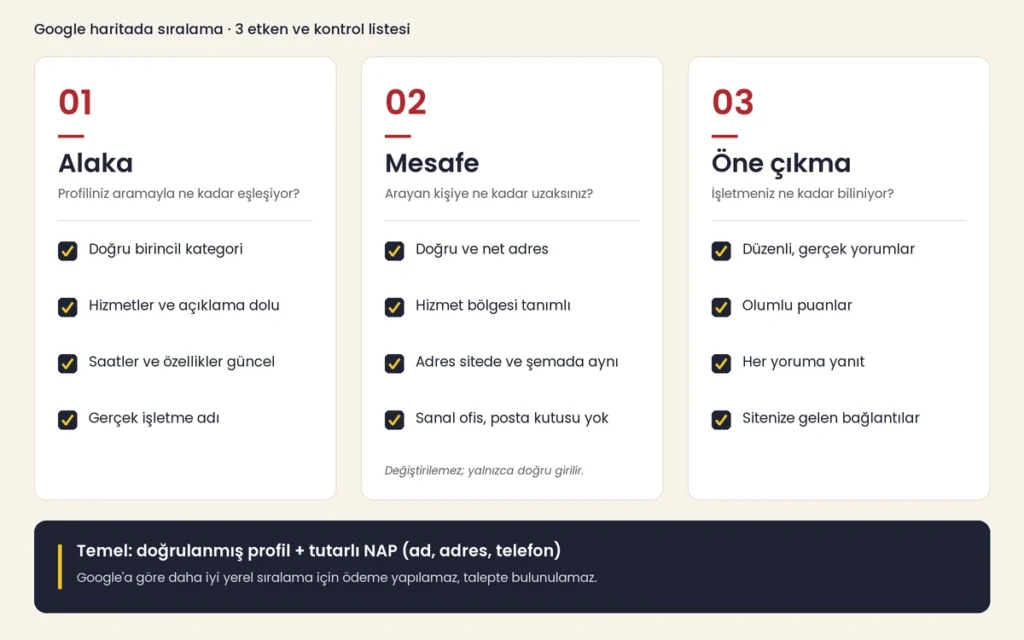 Google yerel sıralamasının üç etkeni: alaka, mesafe ve öne çıkma; altında Google İşletme Profili için kontrol listesi