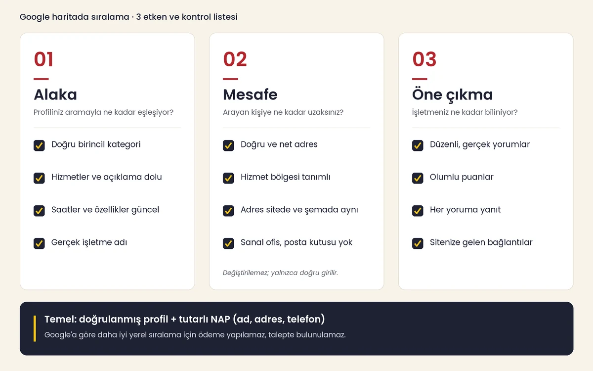 Google yerel sıralamasının üç etkeni: alaka, mesafe ve öne çıkma; altında Google İşletme Profili için kontrol listesi