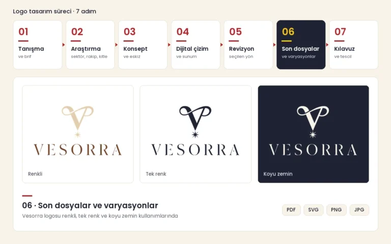 Logo tasarım sürecinin yedi adımı ve altıncı adımda Vesorra logosunun renkli, tek renk ve koyu zemin varyasyonları