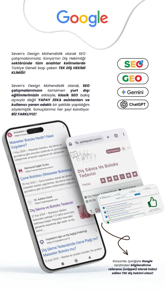 SEO, GEO, Gemini ve ChatGPT etiketleriyle arama görünürlüğü çalışması; telefon ekranında Google sonuçları