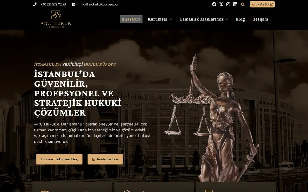 ARC Hukuk Danışmanlık web sitesinin masaüstü ana sayfası
