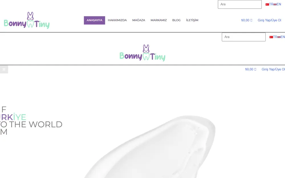 Bonny Tiny çocuk diş macunu online mağazasının masaüstü ana sayfası