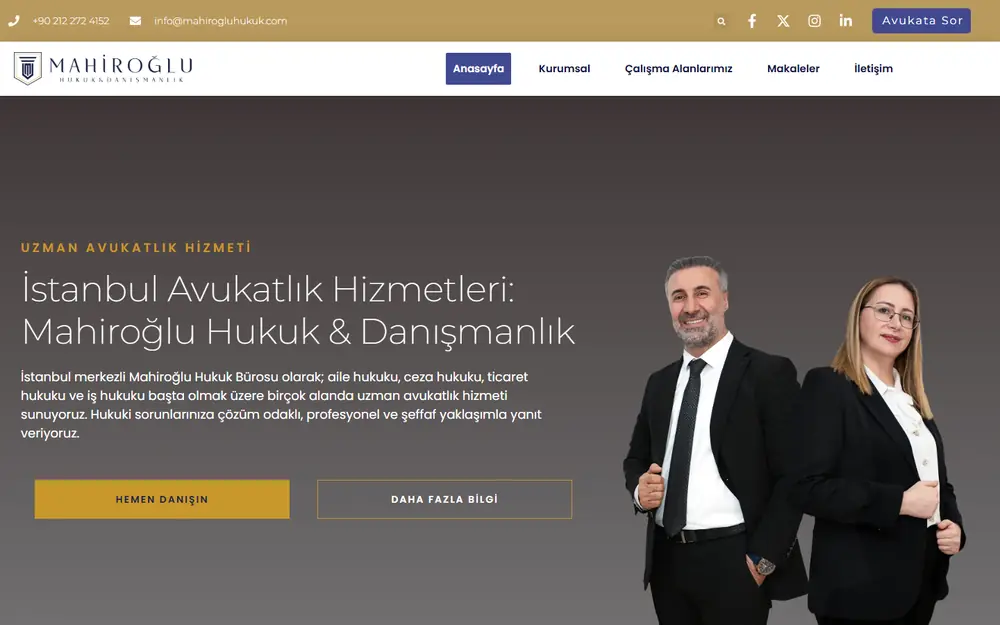 Mahiroğlu Hukuk Bürosu web sitesinin masaüstü ana sayfası